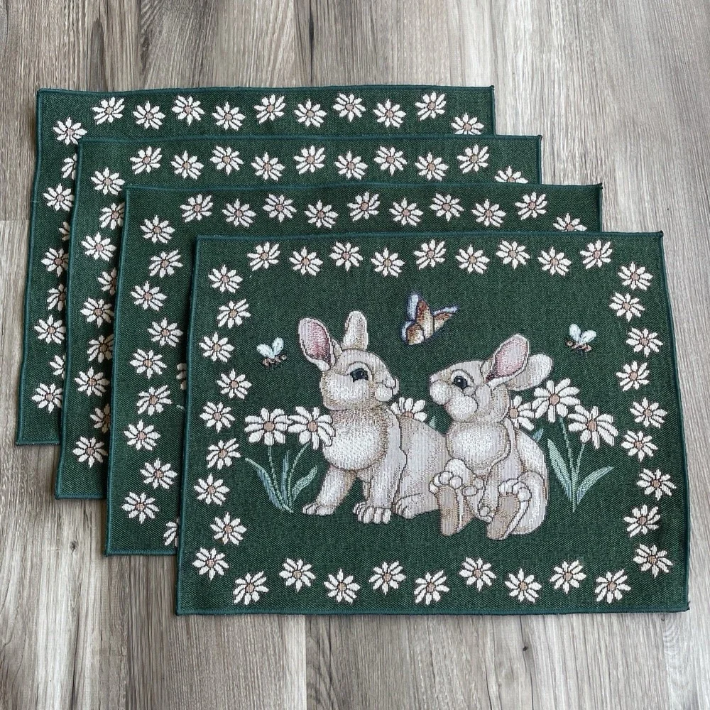 Vintage‎ Set of 4 Woven Easter Placemats Bunnies Flowers Bee Butterfly Spring